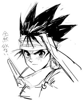 1boy arc_the_lad arc_the_lad_ii bandana closed_mouth earrings elc_(arc_the_lad) greyscale highres jewelry kotatsu_(g-rough) male_focus monochrome simple_background solo white_background