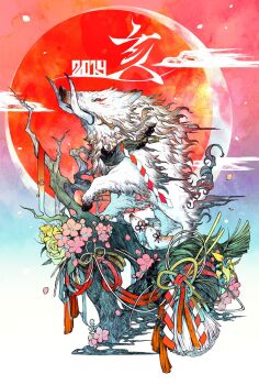 2019 animal baby_animal boar chinese_new_year chinese_zodiac commentary_request dated falling_petals flower fuji_166 full_body gradient_background highres nengajou new_year no_humans original petals piglet pink_flower red_background red_sun shide year_of_the_pig