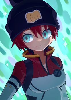 1girl amate_yuzuriha aqua_eyes black_hat bodysuit breasts closed_mouth commentary_request gundam gundam_gquuuuuux hat hibun_tsukasa highres mecha_pilot_suit multicolored_bodysuit normal_suit_(gundam) red_hair short_hair smile solo twitter_username white_bodysuit