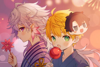 Rule 34 | 2boys, aged down, arthur pendragon (fate), blonde hair, blurry, bokeh, candy apple, character mask, chocomirukuaji, depth of field, earrings, fate/grand order, fate (series), feather earrings, feathers, fireworks, food, fujimaru ritsuka (male), green eyes, holding, holding food, japanese clothes, jewelry, kimono, long hair, male focus, mask, mask on head, merlin (fate), multiple boys, open mouth, pointy ears, purple eyes, striped clothes, striped kimono, vertical-striped clothes, vertical-striped kimono, very long hair, white hair