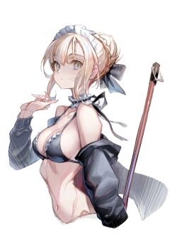 1girl artoria_pendragon_(fate) bare_shoulders bikini black_bikini black_jacket blonde_hair blush braid breasts choker cleavage fate/grand_order fate_(series) frilled_choker frills hair_bun highres hood hooded_jacket jacket long_sleeves looking_at_viewer maid maid_bikini maid_headdress medium_breasts medium_hair mop navel off_shoulder open_clothes open_jacket saber_alter saber_alter_(swimsuit_rider)_(second_ascension) short_hair sidelocks solo suishougensou swimsuit unconventional_maid yellow_eyes