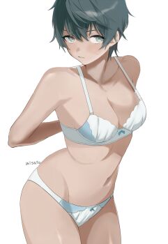 1girl arms_behind_back artist_name black_eyes blush bow bow_bra bow_panties bra breasts closed_mouth commentary final_fantasy final_fantasy_xiv frown genderswap genderswap_(mtf) groin hermes_(ff14) highres leaning_forward looking_at_viewer medium_breasts misato_pic navel panties short_hair simple_background solo standing sweatdrop underwear underwear_only white_background white_bra white_panties