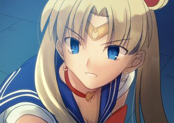 Rule 34 | 1girl, bishoujo senshi sailor moon, bishoujo senshi sailor moon s, blonde hair, blue background, blue eyes, choker, circlet, derivative work, female focus, from above, meme, parody, sailor moon, sailor moon redraw challenge (meme), sailor senshi uniform, shoori (migiha), solo, style parody, takeuchi takashi (style), tsukino usagi