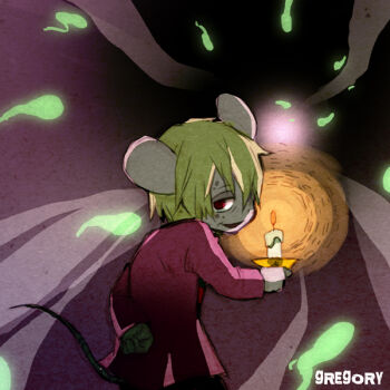 1boy 73_(naa) animal_ears arm_behind_back blonde_hair candle character_name commentary_request from_behind gregory_(gregory_horror_show) gregory_horror_show hair_between_eyes half-closed_eyes hitodama jacket looking_at_viewer looking_back male_focus mouse_boy mouse_ears mouse_tail personification purple_jacket red_eyes smile solo tail