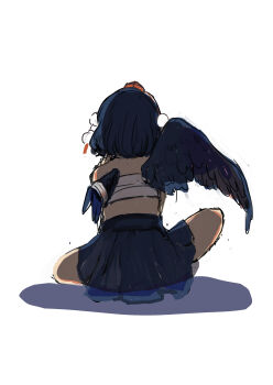 Rule 34 | 1girl, absurdres, bandaged wings, bird wings, black skirt, black wings, chest sarashi, commentary request, feathered wings, from behind, hat, highres, niseneko (mofumofu ga ienai), pom pom (clothes), red hat, sarashi, shameimaru aya, simple background, sitting, skirt, solo, tokin hat, touhou, white background, wings