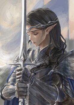 1boy absurdres armor armored_gloves black_hair circlet closed_eyes closed_mouth elf eyelashes fingon highres holding holding_sword holding_weapon jewelry large_ears male_focus moriolor parted_bangs pointy_ears shoulder_armor solo sword the_silmarillion tolkien's_legendarium upper_body weapon
