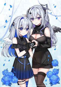 2girls :3 absurdres amane_kanata amane_kanata_(work) amane_konata angel angel_wings aqua_wings aran_sweater asymmetrical_bangs asymmetrical_hair bare_shoulders black_dress black_gloves black_nails black_ribbon black_shoes black_sweater black_thighhighs blue_hair blush bow breasts cable_knit choker cleavage cleavage_cutout clothing_cutout colored_inner_hair commentary_request detached_sleeves dress feathered_wings frilled_dress frills gloves gradient_wings grey_hair hair_between_eyes hair_bow hair_ornament hairclip halo heart heart_hands heart_hands_duo highres hololive jewelry large_breasts long_hair long_sleeves looking_at_viewer multicolored_hair multicolored_wings multiple_girls necklace off_shoulder official_alternate_costume official_alternate_hair_length official_alternate_hairstyle open-chest_sweater partially_fingerless_gloves pink_hair pleated_dress purple_eyes purple_hair ribbed_sweater ribbon ribbon_choker shoes siblings single_hair_intake sisters sleeveless sleeveless_dress smile solo star_(symbol) star_halo star_necklace streaked_hair sweater thighhighs turtleneck turtleneck_sweater twins two_side_up virtual_youtuber wings yukarume_(yukarume0927)