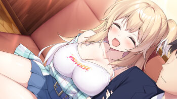 1boy 1girl black_hair black_suit blonde_hair blue_skirt blush breasts camisole closed_eyes closed_mouth clothes_writing colored_tips formal_clothes game_cg highres making_lovely mei_isurugi multicolored_hair one_side_up open_mouth oryo_(oryo04) pleated_skirt sitting skirt suit white_camisole white_hair