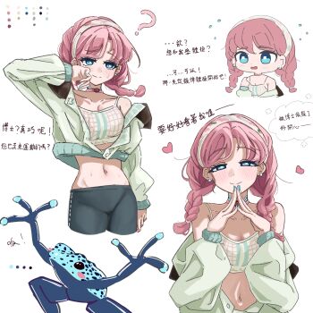 Rule 34 | 1girl, ?, absurdres, animal, arknights, arm up, bare shoulders, black leggings, blue eyes, blue poison (arknights), blue poison (shoal beat) (arknights), blush, braid, camisole, chibi, chinese commentary, chinese text, closed mouth, collarbone, color guide, commentary request, crop top, earrings, frog, grey jacket, hairband, heart, highres, jacket, jewelry, leggings, long sleeves, medium hair, midriff, multiple views, name connection, navel, object namesake, off shoulder, official alternate costume, open mouth, own hands together, pink hair, simple background, smile, spaghetti strap, split mouth, translation request, twin braids, white background, white camisole, white hairband, zhenjie20