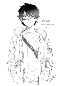 1boy character_request closed_mouth cropped_torso crossbody_bag fur-trimmed_jacket fur_trim glasses greyscale hands_in_pockets highres hikaru_ga_shinda_natsu jacket looking_at_viewer male_focus mokumokuren_(mokmok_len) monochrome official_art shirt short_hair signature simple_background solo translation_request white_background