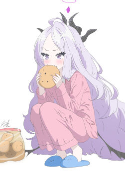1girl absurdres ahoge alternate_costume animal_slippers blue_archive blue_slippers blush chocolate_chip_cookie commentary_request cookie demon_girl demon_horns demon_wings eating food full_body highres hina_(blue_archive) holding holding_cookie holding_food horns long_hair long_sleeves looking_afar pajamas pants parted_bangs pink_pajamas pink_pants pink_shirt purple_eyes runarie shirt sidelocks simple_background slippers solo squatting white_background white_hair wings