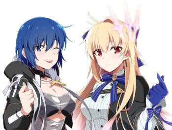 2girls antenna_hair archetype_earth archetype_earth_(celebratory_attire) archetype_earth_(third_ascension) arcueid_brunestud arm_up azami_masurao blonde_hair blue_gloves blue_hair bow bowtie breasts c.i.e.l_(fate) choker ciel_(tsukihime) cropped_jacket cropped_shoulders cross cross_necklace earrings fate/grand_order fate_(series) gloves gold_trim hair_bow highres jewelry light_blush long_hair long_sleeves looking_at_viewer medium_breasts multiple_girls mysterious_executor_c.i.e.l_(fate) necklace o-ring one_eye_closed see-through_clothes short_hair side_cape single_earring smile snapping_fingers striped_clothes tongue tongue_out