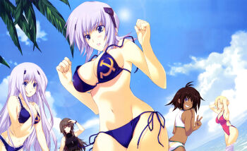 5girls absurdres beach bikini black_hair blonde_hair blue_eyes brown_hair communism cryska_barchenowa dark-skinned_female dark_skin day flag_print flag_print_bikini frilled_bikini frills hammer_and_sickle highres iizuki_tasuku inia_sestina light_purple_hair long_hair multiple_girls muv-luv muv-luv_alternative muv-luv_total_eclipse one-piece_swimsuit one_eye_closed outdoors print_bikini purple_eyes short_hair side-tie_bikini_bottom soviet stella_bremer swimsuit takamura_yui tarisa_manandal v wardrobe_malfunction wink