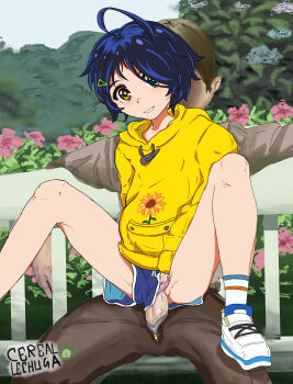 1boy 1girl artist_name blue_eyes blue_hair blue_shorts cerealxs clothed_sex clothing_aside foot_out_of_frame hetero heterochromia highres hood hoodie knees_up loli long_sleeves ooto_ai panties panties_aside penis pink_panties sex short_hair short_shorts shorts shorts_aside smile solo_focus spread_legs sweater thighs uncensored underwear vaginal white_footwear wonder_egg_priority yellow_eyes yellow_hoodie yellow_sweater