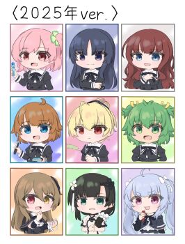 2025 6+girls :3 :d ahoge ando_tazusa animal_ear_hairband animal_ears antenna_hair aqua_background arm_at_side arm_cutout arms_at_sides assault_lily black_capelet black_hair black_hairband black_ribbon black_skirt blonde_hair blue_background blue_eyes blunt_bangs book bottle bow brown_hair capelet cat_ear_hairband cat_ears cattail chibi closed_mouth clothing_cutout clover_hair_ornament collared_shirt cropped_jacket cropped_torso drinking_straw fake_animal_ears fang flower flower_knot four-leaf_clover_hair_ornament futagawa_fumi gradient_background green_eyes green_hair grey_background grey_hair hair_bow hair_flower hair_ornament hair_over_shoulder hair_ribbon hair_scrunchie hairband hand_on_own_arm hand_on_own_chest hand_up hands_up heterochromia high-waist_skirt highres hitotsuyanagi_riri holding holding_book holding_bottle holding_juice_box holding_pen hood hood_down jewelry juice_box juliet_sleeves kaede_johan_nouvel kuo_shenlin long_hair long_sleeves looking_at_viewer miriam_hildegard_von_gropius multiple_girls neck_ribbon one_side_up open_mouth orange_background own_hands_together parted_lips pen pink_background pink_eyes pink_hair plant ponytail puffy_sleeves purple_background purple_eyes ramune red_eyes ribbon ring school_uniform scrunchie shirai_yuyu shirt short_hair short_sleeves skin_fang skirt smile tassel tassel_hair_ornament umi_(s5r1umi_1399) unworn_hairband upper_body v-shaped_eyebrows wang_yujia white_background white_bow white_flower white_hairband white_scrunchie white_shirt yellow_background yellow_ribbon yoshimura_thi_mai yurigaoka_girls_academy_school_uniform