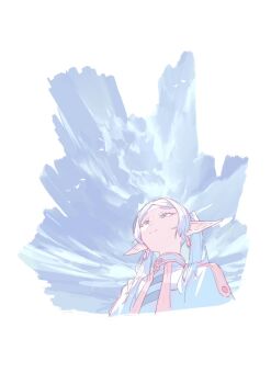 1girl capelet commentary cropped_shoulders earrings elf english_commentary frieren hair_over_shoulder head_back highres jewelry leonardo_vincent long_hair long_pointy_ears looking_up outdoors overcast parted_bangs pointy_ears shirt sky smile solo sousou_no_frieren striped_clothes striped_shirt teardrop_earrings thick_eyebrows twintails upper_body upward_angle_frieren_drawing white_hair