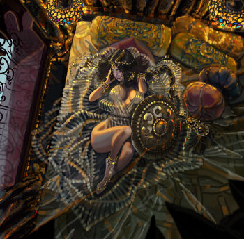 Rule 34 | 1girl, black hair, bracelet, breasts, breasts apart, closed mouth, commentary, commission, english commentary, final fantasy, final fantasy xiv, from above, highres, indoors, jewelry, large breasts, long hair, lying, on bed, sandals, shield, solo, tatti art, variant set, wide hips