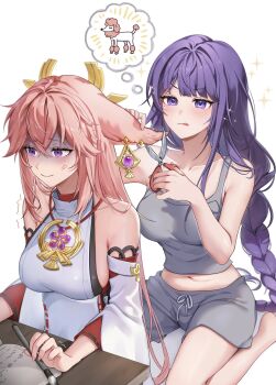 2girls :q animal_ears bare_arms bare_shoulders breasts calligraphy_brush commentary_request crop_top detached_sleeves fox_ears genshin_impact grey_shorts grey_tank_top highres holding holding_scissors large_breasts long_braid long_hair long_sleeves mayuma_(mayuma_0715) midriff multiple_girls navel paintbrush pink_hair poodle purple_eyes purple_hair raiden_shogun scissors shaded_face shirt shorts sitting sleeveless sleeveless_shirt smile speech_bubble tank_top thought_bubble tongue tongue_out very_long_hair wariza white_background yae_miko