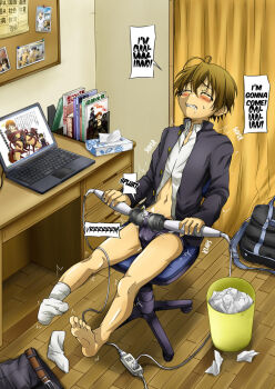 1boy antenna_hair barefoot black_male_swimwear black_swim_briefs blush brown_hair bulge computer cum cum_on_clothes dual_wielding feet highres holding computer_keyboard kiriya_gymno male_focus male_swimwear masturbation moriumi_tomo school_boys! school_uniform sex_toy shirt shota socks soles solo swim_briefs swimsuit tissue toes trembling vibrator
