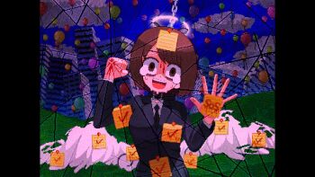 Rule 34 | 1girl, angel wings, bags under eyes, balloon, blood, blood on face, broken screen, brown hair, building, chain, checkmark, collar, commentary, english commentary, halo, horror (theme), jacket, jaggy lines, lapels, mixed-language commentary, necktie, noiluzdog, open mouth, original, pillarboxed, scared, skyscraper, solo, sos, sticky note, suit jacket, tears, traditional halo, wide-eyed, wings