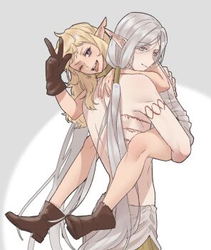 1boy 1girl arm_tattoo blonde_hair carrying carrying_person chest_tattoo child_carry commentary dungeon_meshi elf fleki gloves grey_background grey_eyes grey_hair hair_around_ear hair_tubes highres katsu_draw long_hair looking_at_viewer low_twintails lycion notched_ear one_eye_closed open_mouth pointy_ears purple_eyes simple_background smile tattoo tongue tongue_out topless_male tunic twintails w white_background