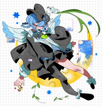 1girl absurdres apple asymmetrical_legwear bird bitten_apple black_capelet black_hat black_shoes blue_hair blue_skirt braid braided_hair_rings capelet chinese_commentary closed_eyes closed_mouth commentary_request deerstalker feathered_wings food food_bite fruit full_body hair_rings hat highres kun_yi_xunhuan layered_skirt long_sleeves magical_girl mahou_shoujo_no_majo_saiban pleated_skirt shoes short_hair single_leg_pantyhose skirt smile solo tachibana_sherry white_wings wings