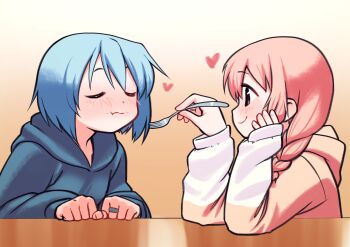 2girls :t alternate_costume alternate_hairstyle baggy_clothes blue_hair blue_hoodie blush bob_cut braid chewing clenched_hands closed_eyes closed_mouth couple crumbs dot_nose eating feeding food food_on_face fork full_mouth gloamy gradient_background hair_between_eyes hair_over_shoulder hand_on_own_cheek hand_on_own_face hands_on_table heart highres holding holding_fork hood hood_down hoodie jewelry kaname_madoka leaning_forward long_hair long_sleeves looking_at_another mahou_shoujo_madoka_magica mahou_shoujo_madoka_magica_(anime) miki_sayaka multiple_girls pink_eyes pink_hair raised_eyebrows reflection ring short_hair single_braid sleeves_past_wrists smile table two-tone_hoodie upper_body white_sleeves yuri