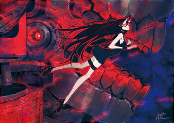 1girl abyssal_ship alternate_breast_size_(smaller) battleship_princess black_dress black_hair breasts commentary_request dress full_body highres horns kantai_collection long_hair looking_at_viewer pale_skin palow red_eyes short_dress signature skin-covered_horns small_breasts solo thigh_strap very_long_hair wristband