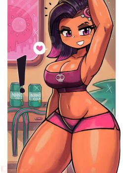 ! 1girl arm_up black_hair blizzard_(company) blush breasts can cleavage collarbone dark_skin drink_can green_ribbon grin heart large_breasts looking_at_viewer midriff mole mole_under_eye multicolored_hair navel overwatch picture_frame pink_eyes pink_hair pink_shirt pink_shorts plant print_shirt ribbon shirt short_hair shorts skull_print smile soda_can sombra_(overwatch) sparkle speech_bubble spoken_heart standing table tank_top teeth thick_thighs thighs tony_welt two-tone_hair unworn_ribbon usb wide_hips