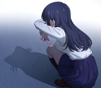 Rule 34 | 1girl, absurdres, black hair, blue skirt, boku no kokoro no yabai yatsu, breasts, cat shadow puppet (meme), collared shirt, gradient background, highres, large breasts, long hair, long sleeves, mekato, meme, school uniform, shadow, shadow puppet, shirt, simple background, skirt, solo, squatting, white shirt, yamada anna