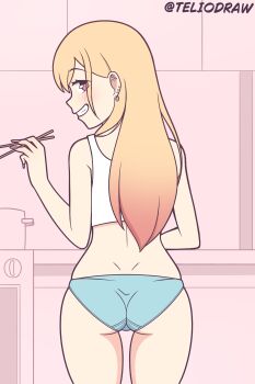 1girl absurdres ass blonde_hair blue_panties chopsticks crop_top ear_piercing highres kitagawa_marin kitchen panties piercing sono_bisque_doll_wa_koi_wo_suru tagme teliodraw underwear