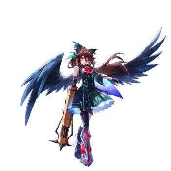 Rule 34 | 1girl, alternate costume, arm cannon, asymmetrical footwear, asymmetrical gloves, belt, bird wings, black belt, black boots, black dress, black gloves, black thighhighs, black wings, boots, bow, breasts, brown hair, closed mouth, control rod (touhou), dress, feathered wings, frilled skirt, frills, full body, game cg, garter straps, gloves, green bow, green dress, grey boots, hair bow, highres, knee boots, large breasts, long hair, looking at viewer, mismatched footwear, non-web source, official art, red eyes, reiuji utsuho, self-datamine, skirt, smile, solo, starry sky print, thighhighs, third eye, third eye on chest, touhou, touhou gensou eclipse, transparent background, two-tone dress, u u zan, uneven gloves, very long hair, weapon, wings