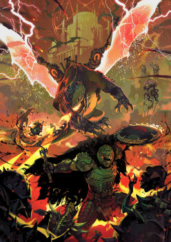 1boy armor battle cacodemon cape doom:_the_dark_ages doom_(series) doomguy dragon energy_wings flail fur_cape highres imp_(doom) mark_of_the_doom_slayer melee non-humanoid_robot pauldrons robot robot_dragon shield spiked_pauldrons spikes swinging_weapon toni_infante weapon