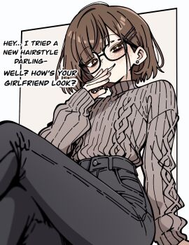 1girl asami-chan black-framed_eyewear black_pants bright_pupils brown_eyes brown_hair cross cross_necklace earrings english_text freckles from_below grin hair_ornament hairclip highres hozuki_asami_(asami-chan) jewelry long_sleeves looking_at_viewer necklace original pants short_hair sitting smile solo sweater turtleneck turtleneck_sweater