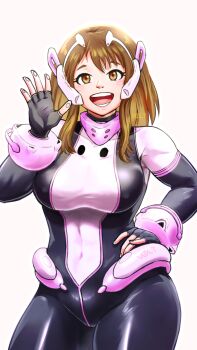 1girl bodysuit boku_no_hero_academia breasts brown_eyes brown_hair headphones highres large_breasts long_hair looking_at_viewer open_mouth simple_background skin_tight smile solo uraraka_ochako uraraka_ochako_(hero_outfit) voltstorm white_background