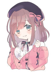 Rule 34 | 1girl, absurdres, aqua eyes, beret, blush stickers, bow, bowtie, brown hair, cardigan, center frills, closed mouth, commentary request, cropped torso, frills, hands up, hat, hat bow, highres, light smile, long sleeves, looking at viewer, medium hair, nijisanji, no nose, off shoulder, pink bow, pink cardigan, purple bow, purple bowtie, purple hat, sanayama (hanonnont), shirt, simple background, sketch, solo, suzuhara lulu, suzuhara lulu (1st costume), virtual youtuber, white background, white shirt