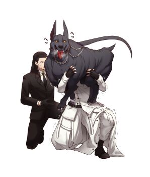 2boys absurdres animal bindi black_footwear black_gloves black_hair black_jacket black_pants black_suit boots chain chain_leash coat darkstar_(ff7) dog final_fantasy final_fantasy_vii final_fantasy_vii_remake fingerless_gloves formal_clothes furrowed_brow gloves highres holding holding_animal holding_dog igusaharu jacket leash long_coat long_sleeves male_focus multiple_boys on_one_knee open_mouth pants rufus_shinra square_enix suit suit_jacket sweatdrop tongue tongue_out trembling tseng twitter_username white_background white_coat white_pants
