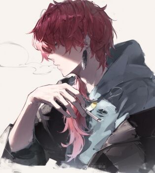 Rule 34 | 1boy, absurdres, black jacket, cigarette, commentary, earrings, feather earrings, feathers, fuunyon, grey eyes, grey hoodie, hand up, highres, holding, holding cigarette, hood, hood down, hoodie, jacket, jewelry, lauren iroas, long hair, long sleeves, male focus, nijisanji, open clothes, open jacket, parted lips, red hair, simple background, smoking, solo, upper body, virtual youtuber, white background