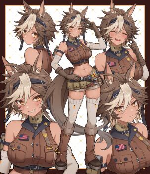 Rule 34 | 1girl, abs, ahoge, american flag, animal ears, arm pouch, arm strap, bare shoulders, belt pouch, blush, boots, breast pocket, breasts, brown boots, brown eyes, brown gloves, brown hair, brown shorts, brown vest, carrot print, closed eyes, commentary, corrupted twitter file, dark-skinned female, dark skin, detached sleeves, english commentary, food print, gloves, grin, hair between eyes, hand on own hip, highres, horse ears, horse girl, horse tail, indie virtual youtuber, large breasts, looking at viewer, m1stm1, midriff, multicolored hair, multiple views, navel, open mouth, pocket, pouch, second-party source, short hair, short shorts, shorts, smile, star (symbol), star in eye, streaked hair, symbol in eye, tail, thighhighs, thighhighs under boots, thighs, tomoe umari, tomoe umari (umari 3.0), toned, toned female, torn clothes, torn sleeves, torn thighhighs, turtleneck, vest, virtual youtuber, white hair, white sleeves, white thighhighs