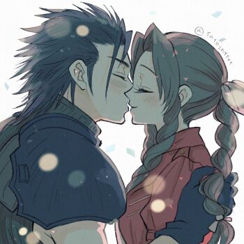 1boy 1girl aerith_gainsborough armor black_gloves black_hair blush braid braided_ponytail brown_hair closed_eyes closed_mouth couple drill_hair drill_sidelocks face-to-face final_fantasy final_fantasy_vii final_fantasy_vii:_ever_crisis from_side gloves hand_on_another's_shoulder hashtag-only_commentary hetero highres jacket kiss light_particles long_hair parted_bangs ponytail profile red_jacket ribbed_sweater satoko_sakae shoulder_armor sidelocks sleeveless sleeveless_turtleneck smile spiked_hair sweater turtleneck turtleneck_sweater twitter_username upper_body zack_fair