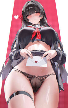 1girl alternate_breast_size_(larger) arm_cutout black_choker black_hair black_panties black_skirt blush breasts chisa_(wuthering_waves) choker clothes_lift clothing_cutout commentary envelope fantongjun from_below hair_ribbon heart highres holding holding_envelope jpeg_artifacts large_breasts letter long_hair long_sleeves looking_at_viewer love_letter neckerchief paid_reward_available panties parted_lips red_eyes red_neckerchief red_ribbon ribbon sailor_collar skirt skirt_lift solo stomach sweat tacet_mark_(wuthering_waves) thigh_strap thighs underboob underwear very_long_hair white_sailor_collar wuthering_waves