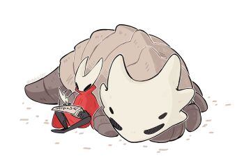 1girl arthropod_girl bell_beast_(hollow_knight) black_skin cloak colored_skin full_body highres holding holding_map holding_quill hollow_eyes hollow_knight hollow_knight:_silksong horned_mask hornet_(hollow_knight) map map_(object) mask no_humans no_mouth quill ratatosk777 red_cloak riding riding_animal simple_background sitting twitter_username white_background white_mask