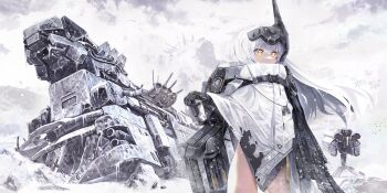 1girl absurdres cape commentary dog_tags english_commentary goddess_of_victory:_nikke highres long_hair machine machinery maridix mechanical_hands ruins sky snow_white_(nikke) snowing solo turret visor_(armor) weapon white_hair yellow_eyes