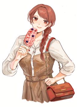 1girl alternate_costume bag braid brown_dress commentary_request dress earrings food hair_over_shoulder hand_on_own_hip highres holding holding_food jewelry kantai_collection long_hair looking_at_viewer nevada_(kancolle) nidou red_eyes red_hair shirt shoulder_bag simple_background single_braid smile solo stud_earrings upper_body white_background white_shirt