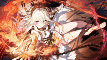 1girl absurdres ainezu bare_shoulders barefoot breasts burnt_clothes cinderella_(silver_palace) commentary_request crown dress embers fire floating_hair from_above glass_slipper glint gold hair_between_eyes high_heels highres legs long_hair looking_at_viewer medium_breasts object_floating_above_hand parted_lips pink_eyes sidelocks silver_palace sleeveless sleeveless_dress solo sword thighs very_long_hair weapon white_dress white_hair