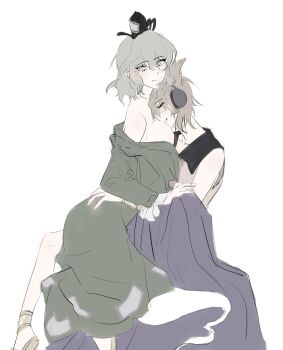 2girls bare_shoulders behind_i black_hat blush breasts brown_hair cloak closed_eyes closed_mouth clothes_down collared_dress commentary_request dress earmuffs frills ghost_tail gold_sandals green_dress green_eyes green_hair hair_between_eyes hat highres korean_commentary large_breasts long_sleeves looking_at_another looking_down multiple_girls ofuda ofuda_on_clothes pink_dress pointy_hair purple_cloak sandals short_hair shy simple_background sleeveless sleeveless_dress smile soga_no_tojiko sweatdrop tate_eboshi teeth touhou toyosatomimi_no_miko white_background yuri
