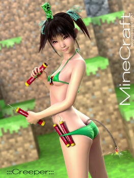 1girl 3d ancho_bi bikini black_hair breasts brown_eyes butt_crack creeper dynamite explosive female_focus fuse green_bikini highres looking_at_viewer minecraft nail_polish personification skindentation small_breasts solo strap_gap swimsuit