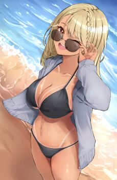 Rule 34 | 1girl, absurdres, adjusting eyewear, beach, bikini, black bikini, blonde hair, braid, breasts, cleavage, collarbone, commentary request, cowboy shot, fang, grey hoodie, highres, hood, hoodie, kaminari qpi, kuwakuma, medium breasts, medium hair, navel, one eye closed, open mouth, outdoors, red eyes, single braid, solo, standing, sunglasses, swept bangs, swimsuit, tan, tanline, tanline peek, variant set, virtual youtuber, vspo!