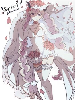 1girl alternate_costume artist_collaboration black_horns braid breasts bridal_veil bride cleavage_cutout clothing_cutout commentary_request dress feet_out_of_frame flower hair_flower hair_ornament hand_up highres horns jewelry long_hair looking_at_viewer master_detective_archives:_rain_code medium_breasts mero_(merope_hika) necklace open_mouth petals pink_hair red_flower red_rose rize_(rize0420) rose shinigami_(rain_code) smile solo standing thighhighs twin_braids twitter_username veil very_long_hair wedding_dress white_background white_dress white_thighhighs