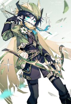 1boy alternate_costume arrow_(projectile) black_gloves black_hair black_shorts blue_hair bow_(weapon) braid feathers flower genshin_impact gloves gradient_hair green_eyes green_hat green_jacket hat highres jacket long_sleeves magicrabbit49586 male_focus multicolored_hair shorts smile solo thighhighs twin_braids venti_(genshin_impact) weapon